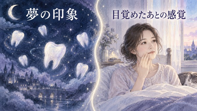 夢の歯のモチーフと目覚めて口元やあごを確認する女性を分けた図