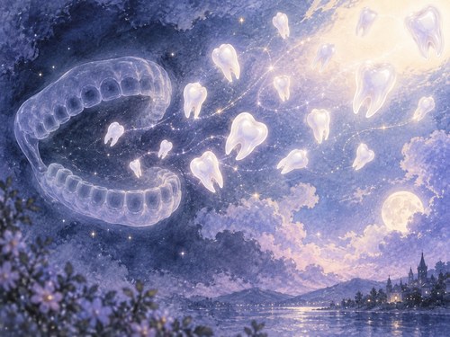 歯の並びが空になり多数の白い歯が光の中へ離れていく夢の場面