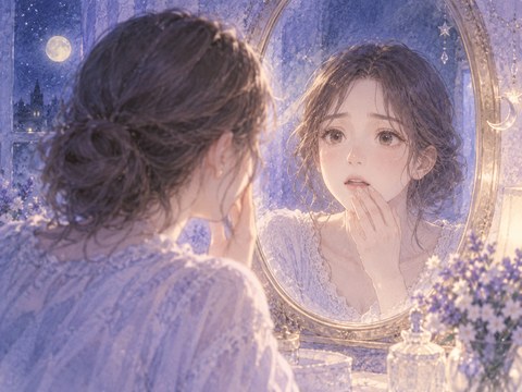 鏡を見て前歯の変化を気にする女性の夢の場面