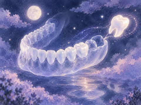 奥側の歯が一つ離れ足元の影が揺らぐ象徴的な夢の場面