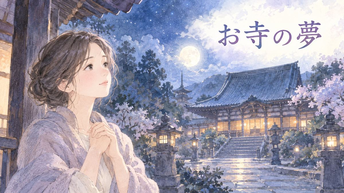 夜のお寺を見つめる大人の女性と月明かり