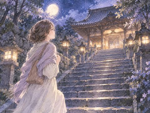 夜のお寺へ続く石段を歩く女性