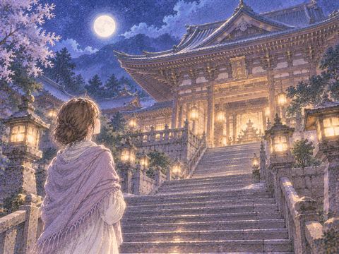 月明かりに浮かぶ堂々とした寺院