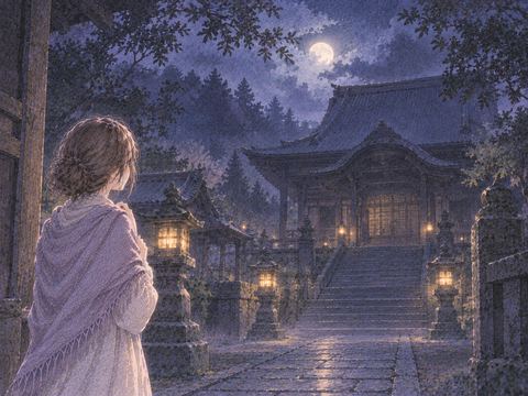 薄暗い寺を遠くから見つめる女性