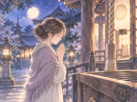夜のお寺で静かに手を合わせる女性