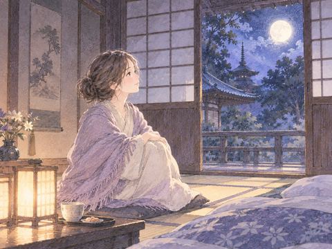寺の静かな部屋で夜を過ごす女性