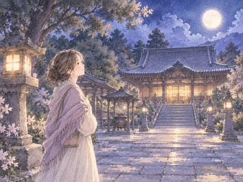 静かな寺の境内に立つ女性