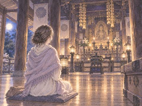 静かな本堂で前を見つめる女性