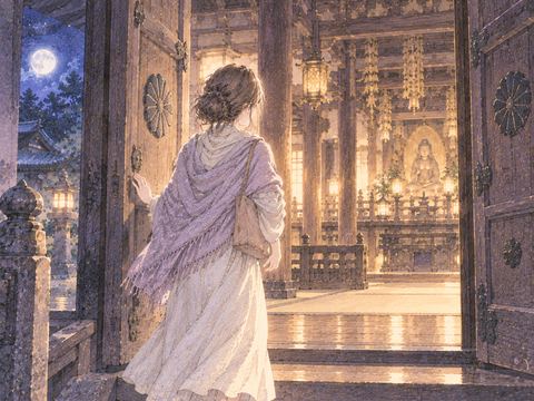 開いた寺の扉から中へ入る女性