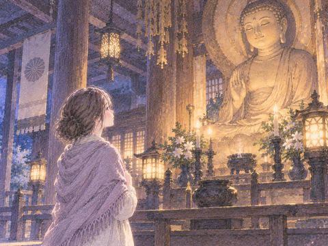 寺で穏やかな仏像を見つめる女性