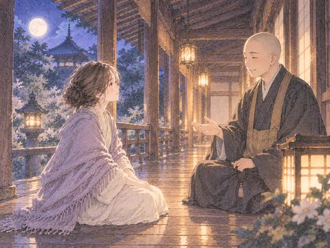 寺の廊下で住職と向き合う女性