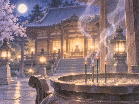寺で静かに立ち上る線香の煙