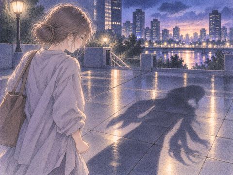揺らぐ街を前に自分の影を見つめる人物