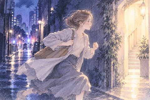 夜の街で明るい出口へ走る人物