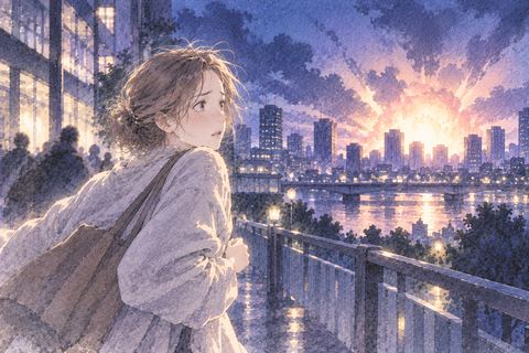 遠くの閃光に照らされた夜の街と人物