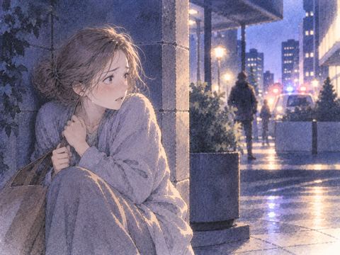 物陰へ身を寄せて身を守る人物