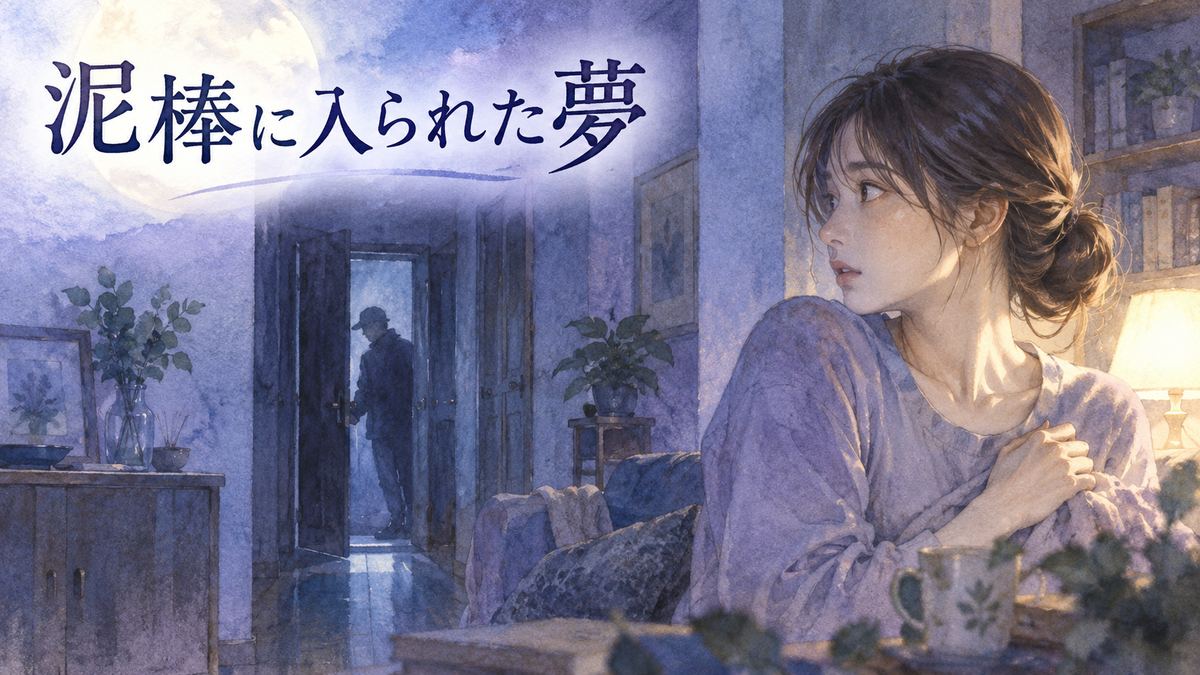 夜の室内で玄関の気配を振り返る大人の女性と、薄暗い廊下に見える泥棒の影