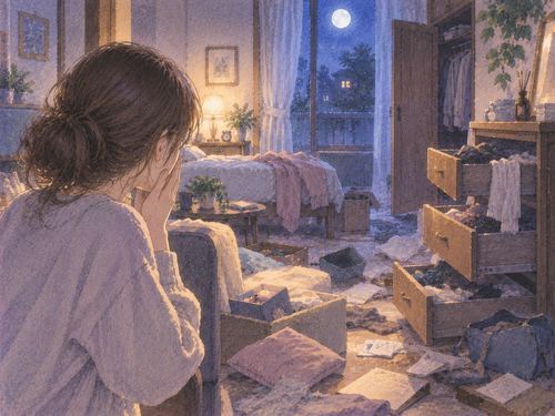 引き出しや小物が散らかった夜の部屋