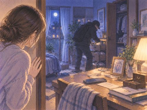 夜の部屋で引き出しや棚を探る泥棒の影