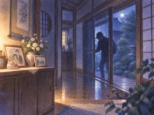 懐かしい実家の縁側近くに忍び込む泥棒の影