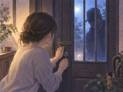 夜の玄関ドア越しに泥棒の影を感じながら鍵を押さえる手