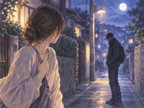 夜の静かな道で泥棒らしい人物とすれ違う夢の場面