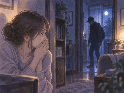 泥棒の影を前に口元へ手を添え声が出ず固まる人物