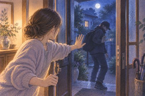 玄関の外へ泥棒を追い返しドアを閉めようとする人物