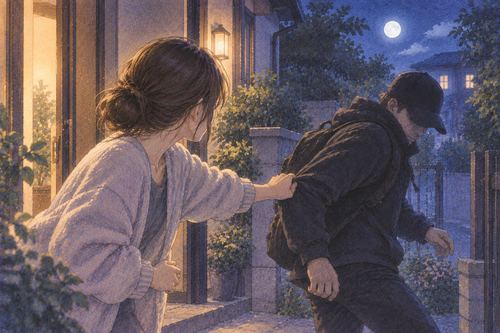 夜の玄関先で逃げようとする泥棒の腕をつかんで止める人物