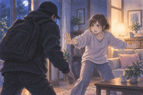夜の室内で泥棒と向き合い大切な場所を守ろうと踏ん張る人物