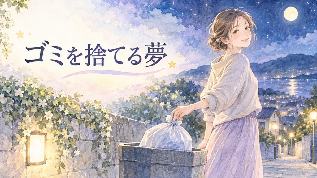 夜のゴミ袋を手放して穏やかに振り返る大人の女性