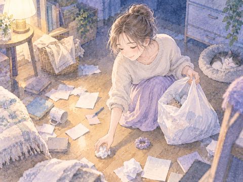 散らばったゴミを一つずつ片付ける場面