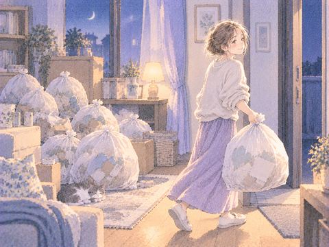 積み上がったゴミの山から袋を運び出す場面