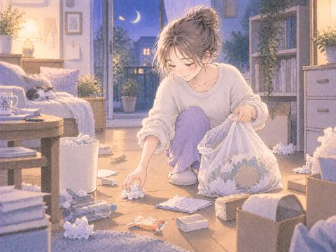 床に散乱したゴミを順番に拾って捨てる場面