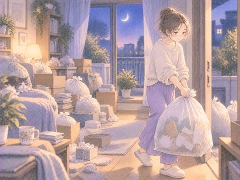 物で埋まった部屋からゴミを運び出す場面