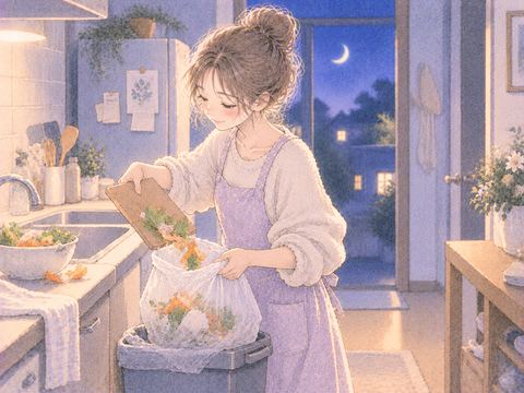 台所の生ゴミを袋へ入れて処分する場面