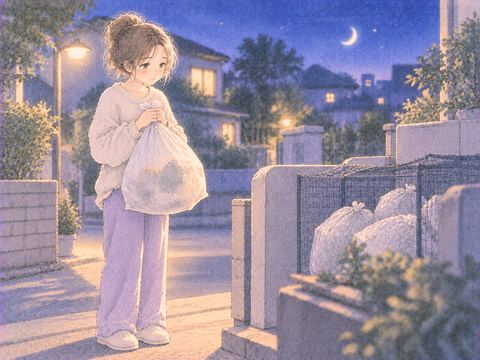 ゴミ袋を持ったまま手を止めて迷う場面