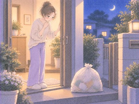 捨てたはずのゴミ袋が玄関前に戻っている場面