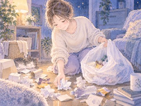 散らばったゴミを一か所へまとめている場面
