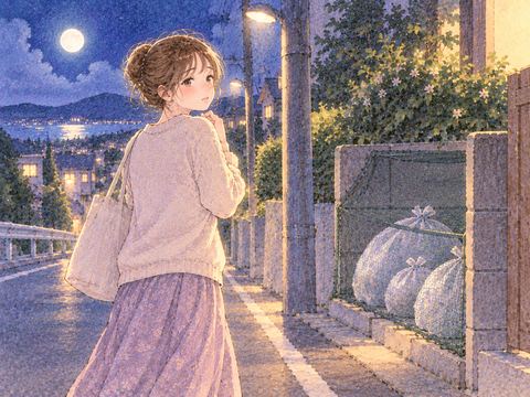 ゴミを捨てた後も気がかりそうに振り返る女性