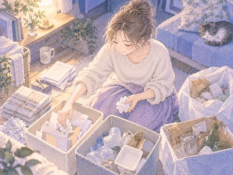 種類ごとにゴミを丁寧に分別している場面