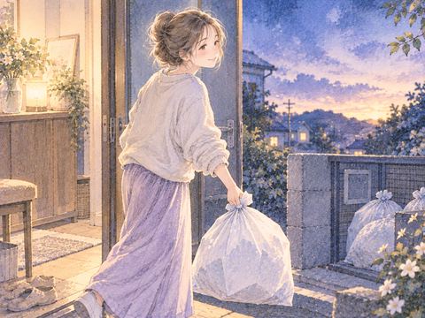 結んだゴミ袋を家の外へ運び出す場面