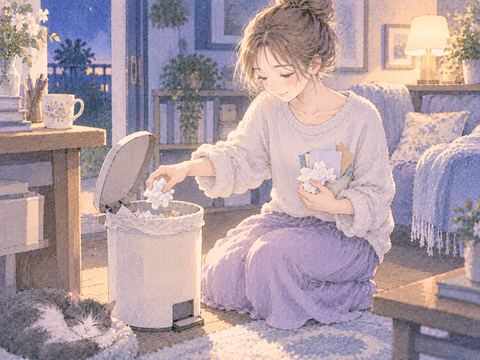 不要な紙をゴミ箱へ入れる場面