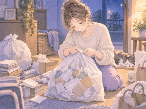 ゴミを袋へ集めて口を結ぼうとする場面
