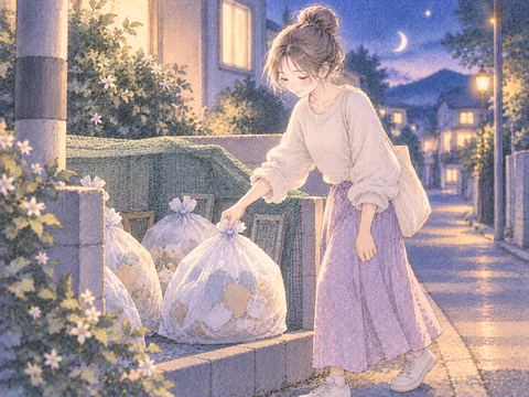 夜のゴミ捨て場へ袋を置いて離れる場面