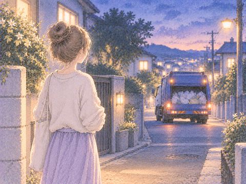 ゴミを積んだ収集車が静かに遠ざかる場面