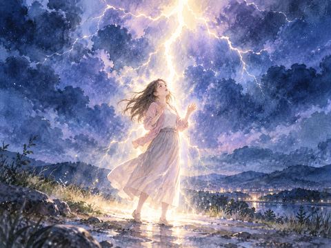 夜空から差す稲妻の光に包まれた人物