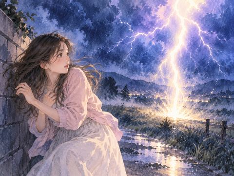 人物のすぐ近くの地面へ稲妻が落ちる夜の場面
