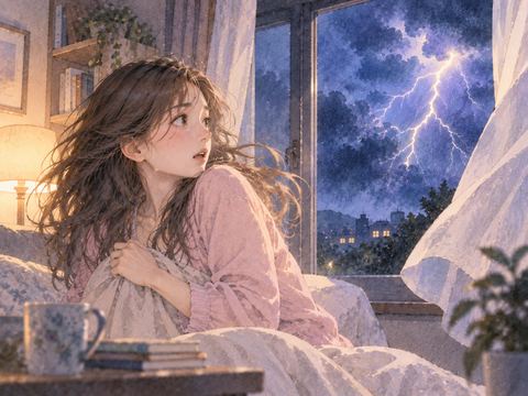 大きな雷鳴に驚いて振り向く人物と夜空の雷雲