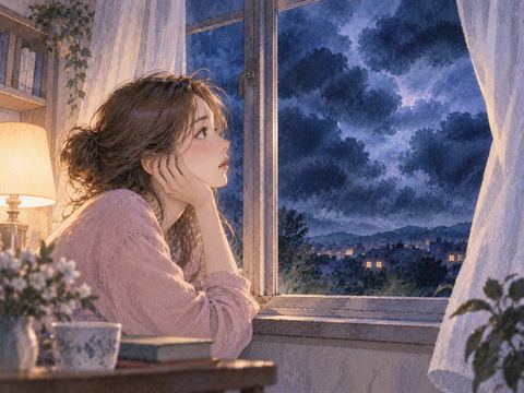 窓辺で見えない雷の音に耳を澄ます人物
